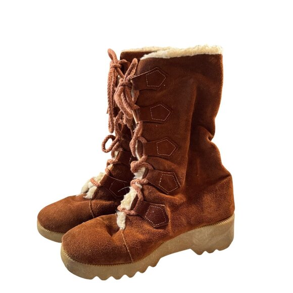 Vintage Brown Suede Shearling-Lined Lace-Up Winter Boots Size 7 Women's - Picture 1 of 5
